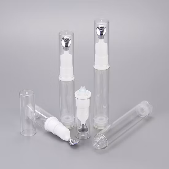 Doppelwandige 7,5 ml 10 ml 15 ml klare San-Kunststoff-Augencreme-Airless-Flasche mit Applikator aus Zinklegierung für Anti